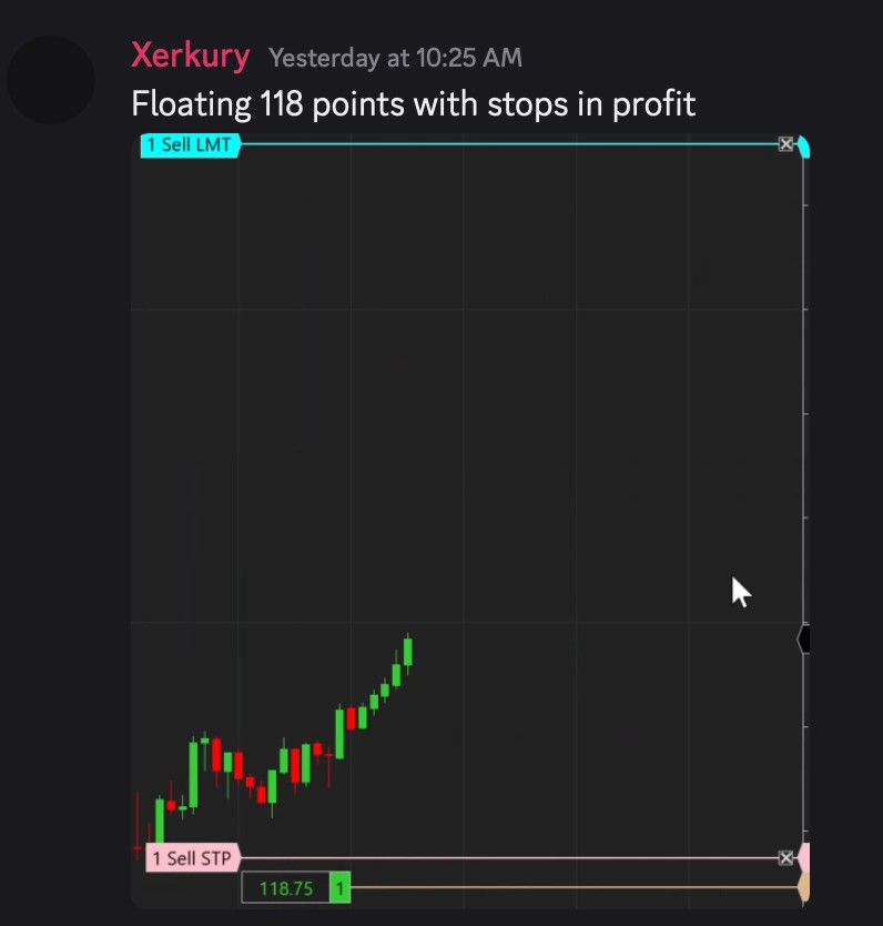 Discord message from a QuantStack member: floating 118 points with stops in profit, NinjaTrader chart