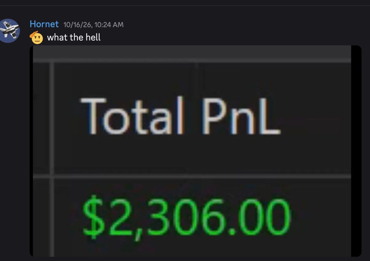 Discord message from a QuantStack member showing $2,306.00 total PnL